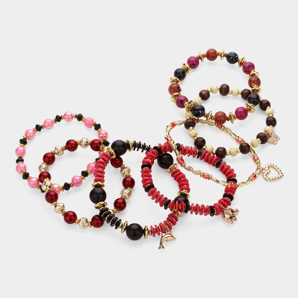 Red Gold Beaded 7 PC Dolphin Heart Charm Metal Stack Stretch Layered Bracelets - Picture 2 of 5